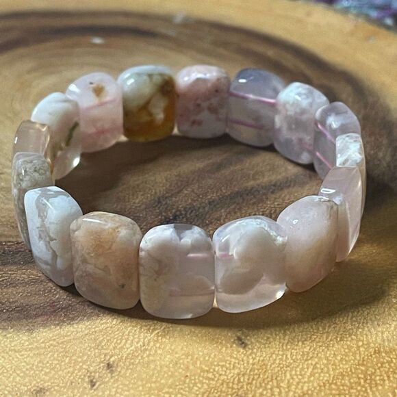 Pink flower agate soft bangle bracelet beaded beads new handmade .75” High beads - Picture 7 of 8